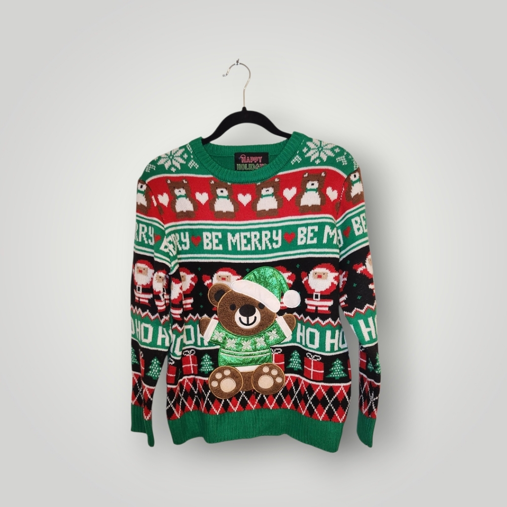 Happy Holidays Festive Bear Christmas ugly Sweater unisex Green Red Black size s